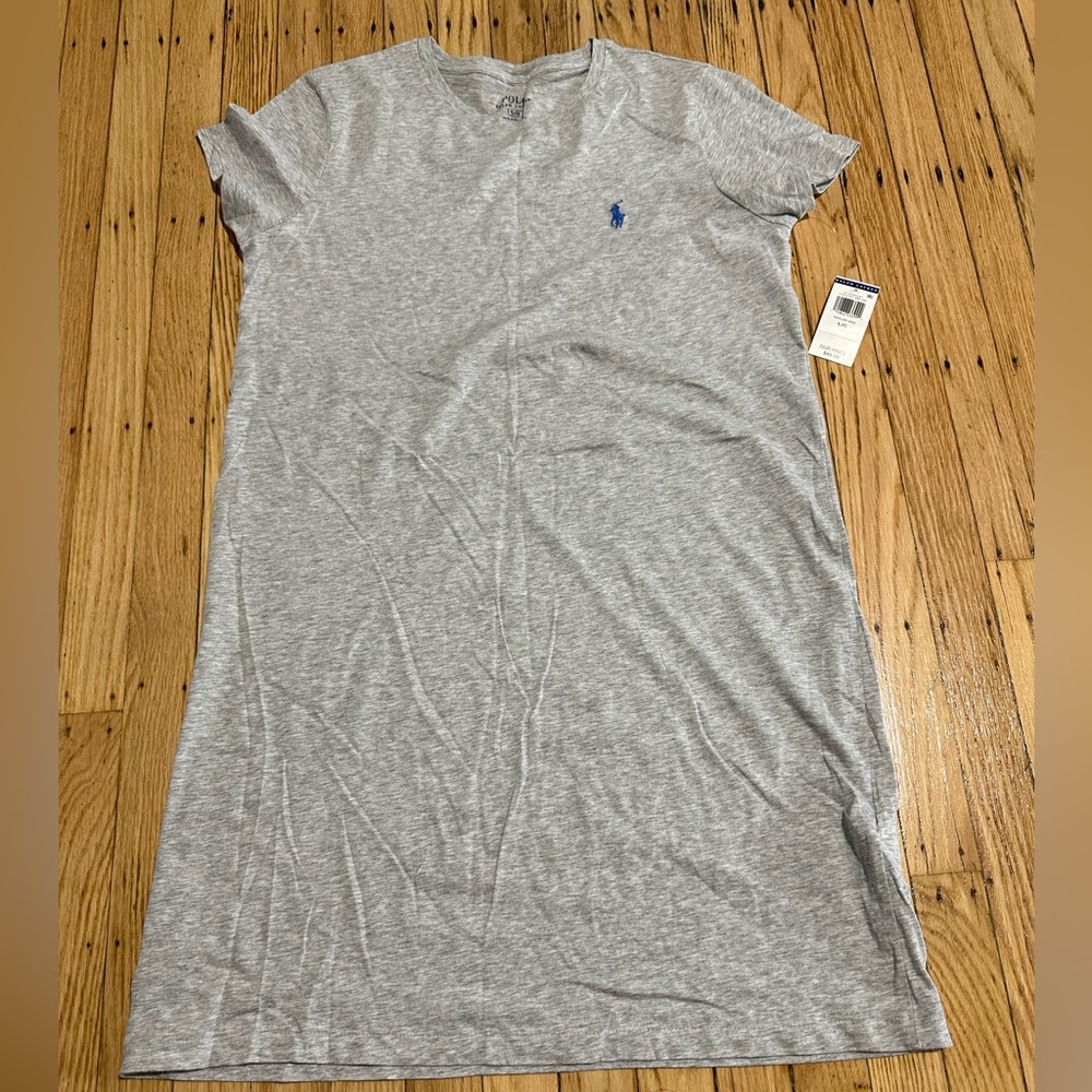 Polo T shirt dress in Gray with blue horse. NWT. Lightweight. Comfy. Size L